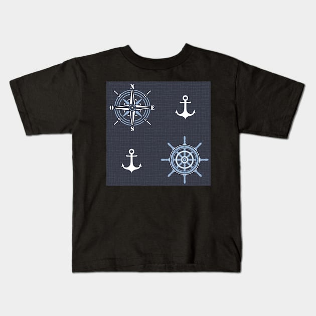 Pattern of anchors and compass roses on dark blue Kids T-Shirt by colorofmagic